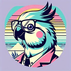 Pastel Parakeet Paradise: A Playful, Synthwave-Inspired Vector Illustration of a Trendy Parakeet in Glasses for T-Shirt Art. Generative AI