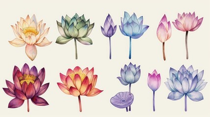 Set of watercolor lotus flower on white