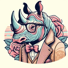 Retro Rhino Rendezvous: A Whimsical, Pastel Synthwave Rhino in Glasses - Trendy Vector T-Shirt Art. Generative AI
