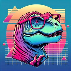 Whimsical T-Rex in Glasses: A Playful Synthwave-Inspired Vector Illustration for Trendy T-Shirt Art. Generative AI