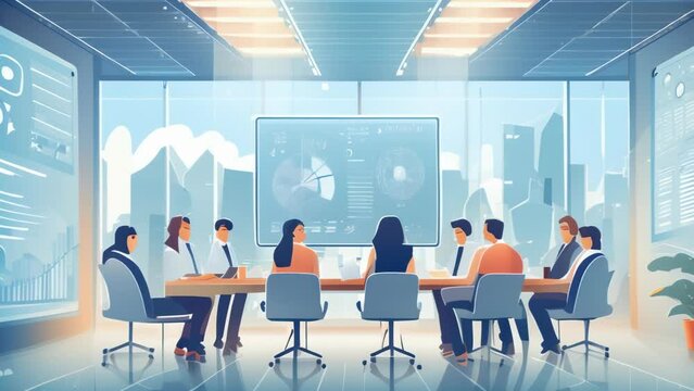 A diverse group of business people are seated around a conference table in a modern office, looking at a large screen displaying a world map and data charts. 
