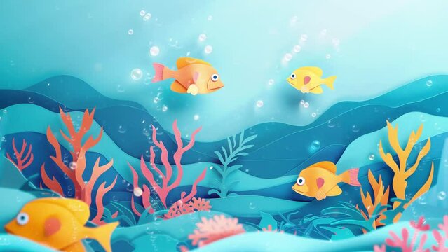 underwater illustration in paper cut style with fish with coral reef sea water life save. seamless looping overlay 4k virtual video animation background