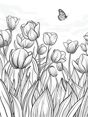 Coloring pages of tulip flowers field with butterfly in summer or spring time.