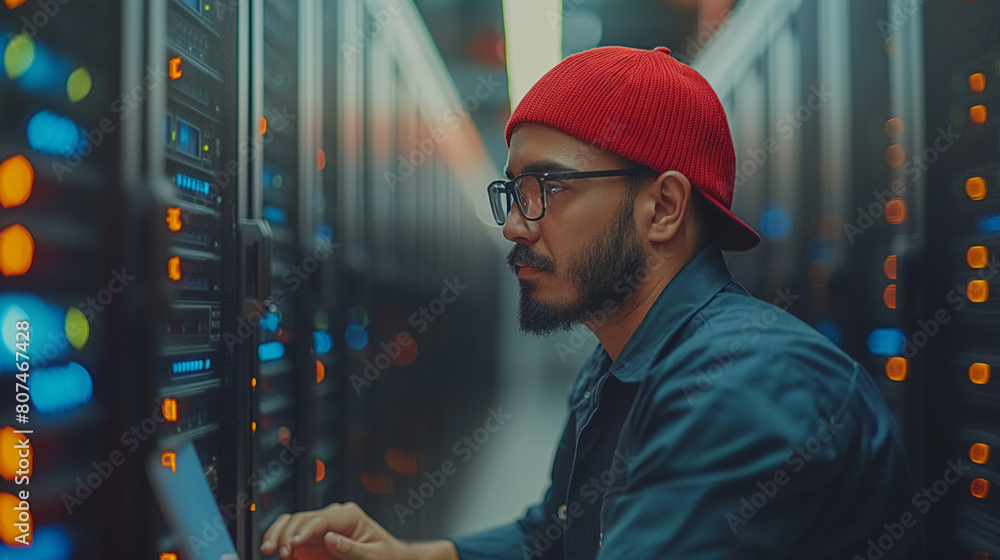 Poster portrait of it specialist uses laptop in data center. server farm cloud computing facility with male