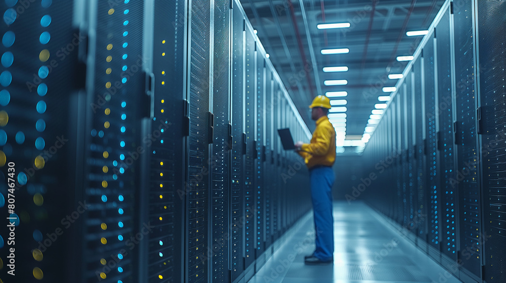 Poster portrait of it specialist uses laptop in data center. server farm cloud computing facility with male