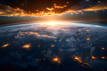 View of Planet Earth from space with glowing city lights and clouds during sunrise