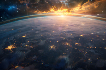 View of Planet Earth from space with glowing city lights and clouds during sunrise