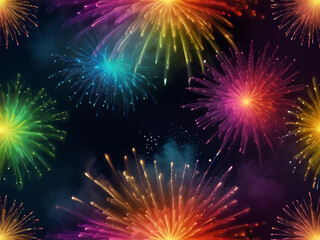 Fototapeta premium Colorful vibrant glittering fireworks Background with glow smoke and confetti banner ai generative