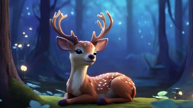 breathing animation, cute deer lullaby cartoon sleeping on forest, looped video background fantasy