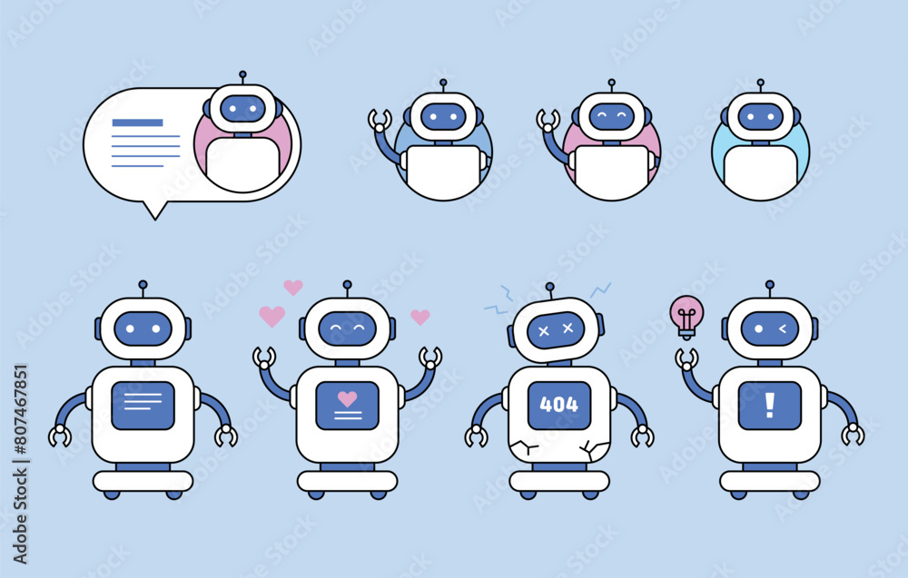 Poster a cute robot character with various facial expressions and movements. chatbot icon for consultation.