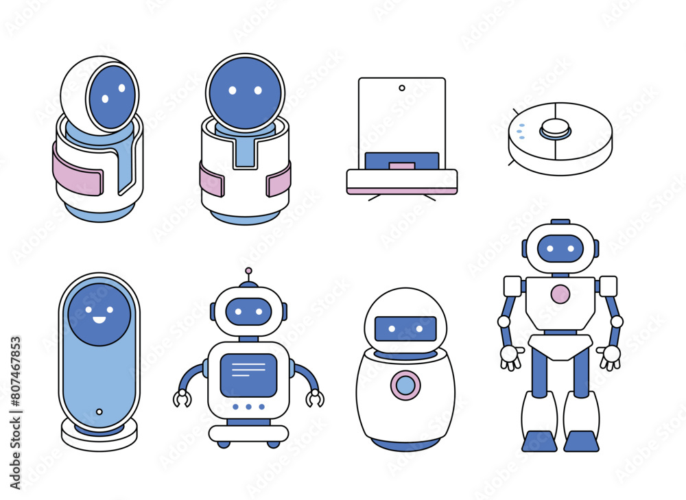 Poster robots of various shapes and styles are helping with household chores. illustration with outline.
