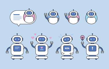 A cute robot character with various facial expressions and movements. Chatbot icon for consultation. Illustration with outline.