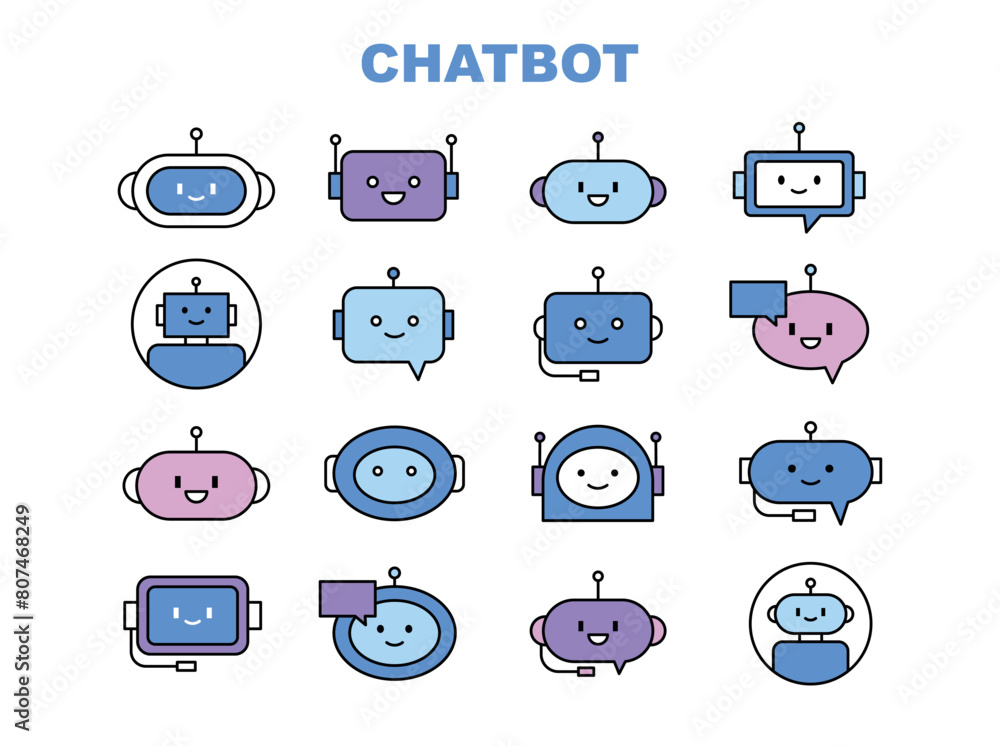 Poster cute chatbot icon set. robot head providing customer assistance service. outline style simple vector