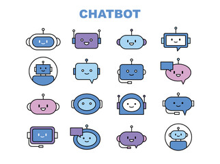 Cute chatbot icon set. Robot head providing customer assistance service. Outline style simple vector illustration.