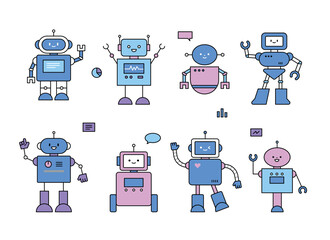 Set of cute robot characters. Standing straight ahead, raising your hand and speaking. Outline style simple vector illustration.