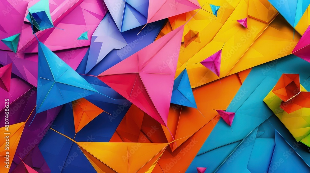 Poster a vibrant and dynamic composition of explosion of colorful geometric shapes background
