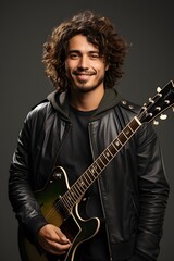 Obraz premium He is a young Hispanic guitarist, wearing a leather jumper and smiling brightly.