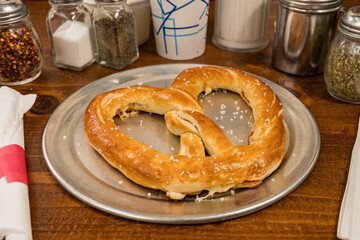 Stuffed soft pretzel on a tray