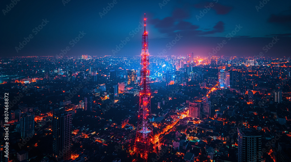 Poster signal tower or mobile phone tower .telecommunication tower with 5g cellular network . glbal connect