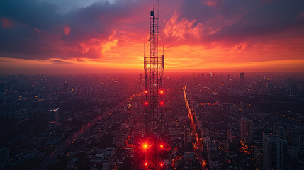 Signal tower or Mobile phone tower .Telecommunication tower with 5G cellular network . Glbal connection and internet network concept.on city background.