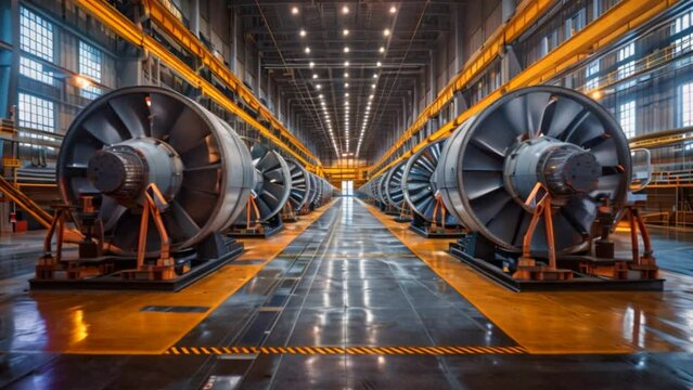 Row of turbines generating electricity in the McNary Dam powerhouse situated on the Columbia River between the states of Washington and Oregon.