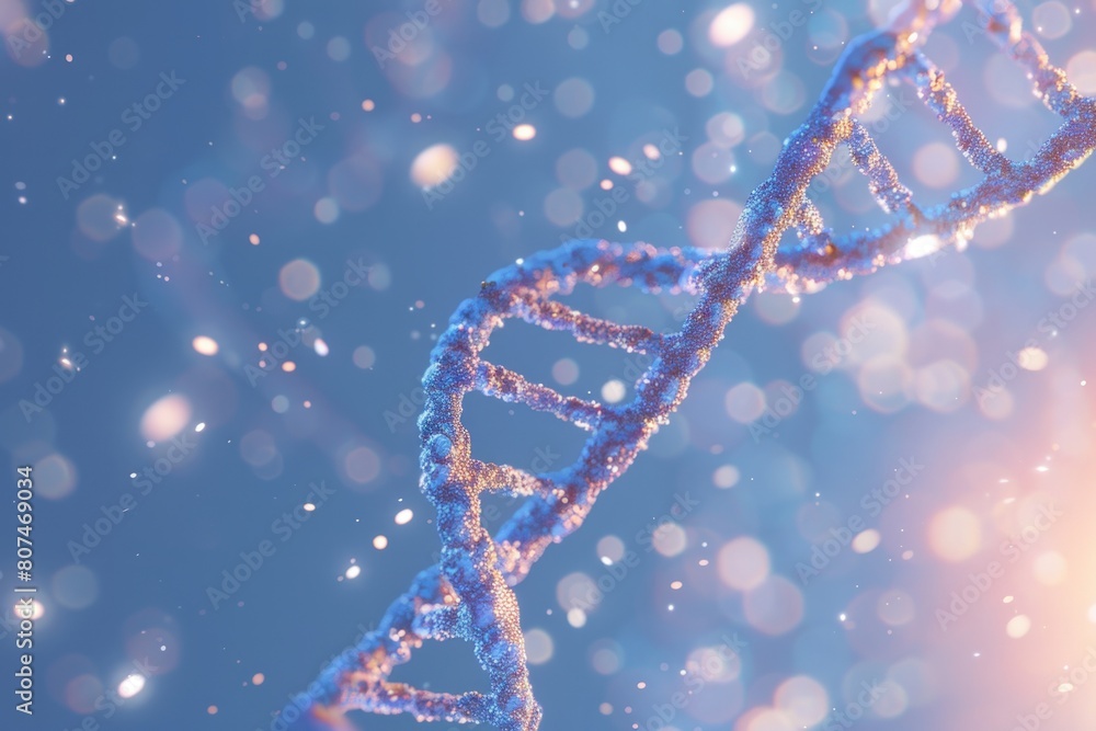 Poster abstract dna double helix structure on blue background with bokeh lights.