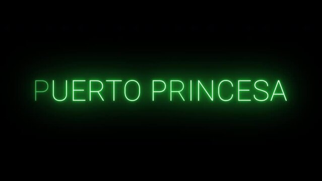 Flickering neon green glowing puerto princesa text animated on black background