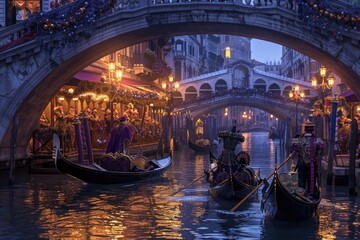 Venetian Gondolas Adorned with Luxurious Decorations at Twilight During Carnival of Venice