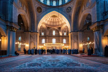 Prayer in the Mosque with Believers Performing Namaz in a Hall Adorned with Islamic Ornaments