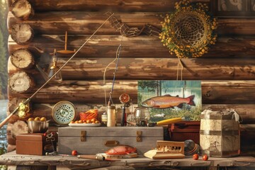 Fishing Day Celebration with Gear and Freshly Caught Fish on a Rustic Wooden Surface - obrazy, fototapety, plakaty