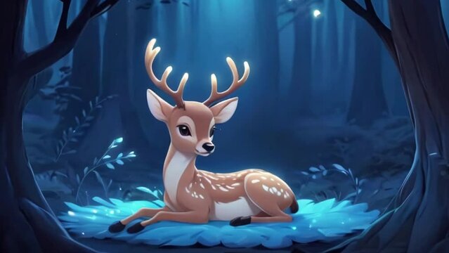 breathing animation, cute deer lullaby cartoon sleeping on forest, looped video background fantasy