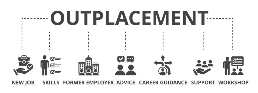 Outplacement concept icon illustration contain new job, skills, former employer, advice, career guidance, support and workshop.