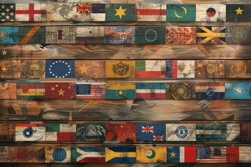 Fototapeta premium Display of global politics including world maps, flags, and UN symbols on a solid wooden backdrop.