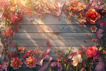 Detailed display of International Women's Day symbols on wood, including flowers, ribbons, and messages.