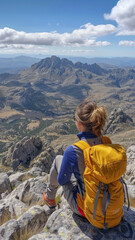 A woman is sitting on a mountain top with a yellow backpack on her back