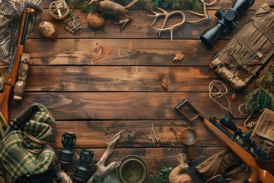 Realistic hunting setup with gear, wildlife, and outdoor elements on a rugged wooden backdrop.