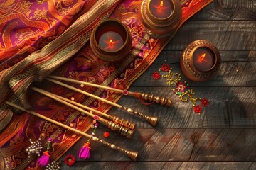 Navaratri festival celebration with dandiya sticks, traditional attire, and clay lamps on wooden background