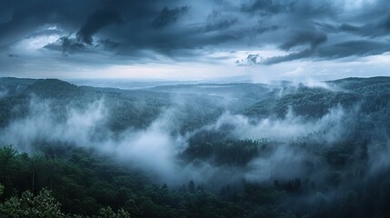 Obraz premium dark clouds obscuring the horizon, with rain pouring down in sheets and creating a misty veil over the landscape below