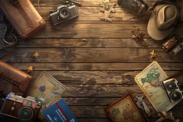 Travel essentials display with suitcases, passports, and global landmarks on a warm wooden background
