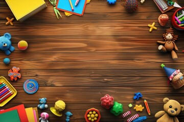 Universal Children's Day celebration with colorful toys, books, and symbols of care on a wooden background
