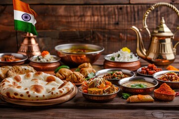 India Day celebration captured with cultural symbols on a wooden backdrop, showcasing India's rich heritage