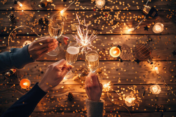 New Year's Eve Celebration with Fireworks, Champagne, and Confetti on a Warm Wooden Background