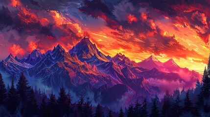 sunset mountainscape, with rugged peaks silhouetted against a fiery sky ablaze with hues of orange