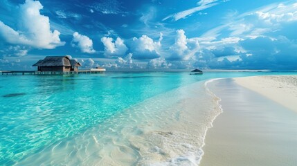 Beautiful tropical Maldives resort hotel and island with beach and sea on sky for holiday vacation background