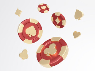 Diamonds, clubs, hearts, spades chips. Gold and red chips poker chips. Poker card symbols, isolated on white background. Casino game.