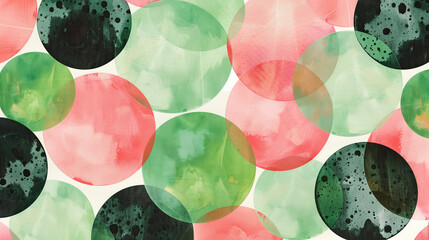 Green and pink watercolor circles arranged in a pattern on a white background