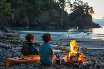 Design a seaside adventure camp for families, featuring activities like kayaking, paddleboarding, and beachside bonfires