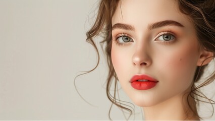 a beautiful woman with natural make-up. with high resolution photography, copy space for text banner background
