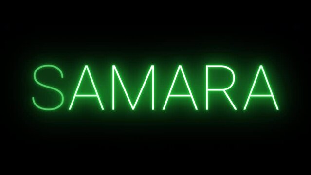 Flickering neon green glowing samara text animated on black background