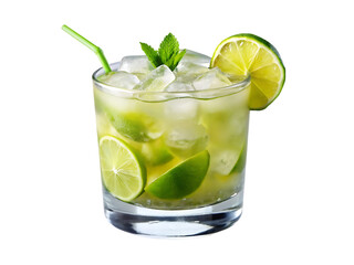 A glass of ice water with lime and mint leaves